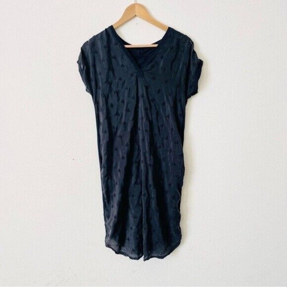 Johnny Was XS 100% silk black eyelet cap short sleeve mini pocketed dress